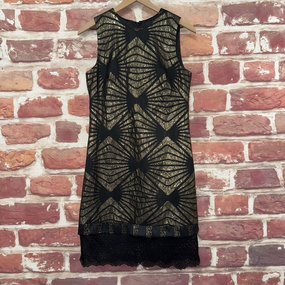 Allen B Schwartz ABS Dress Women's 4 Black Gold Metallic Abstract Evening Party
